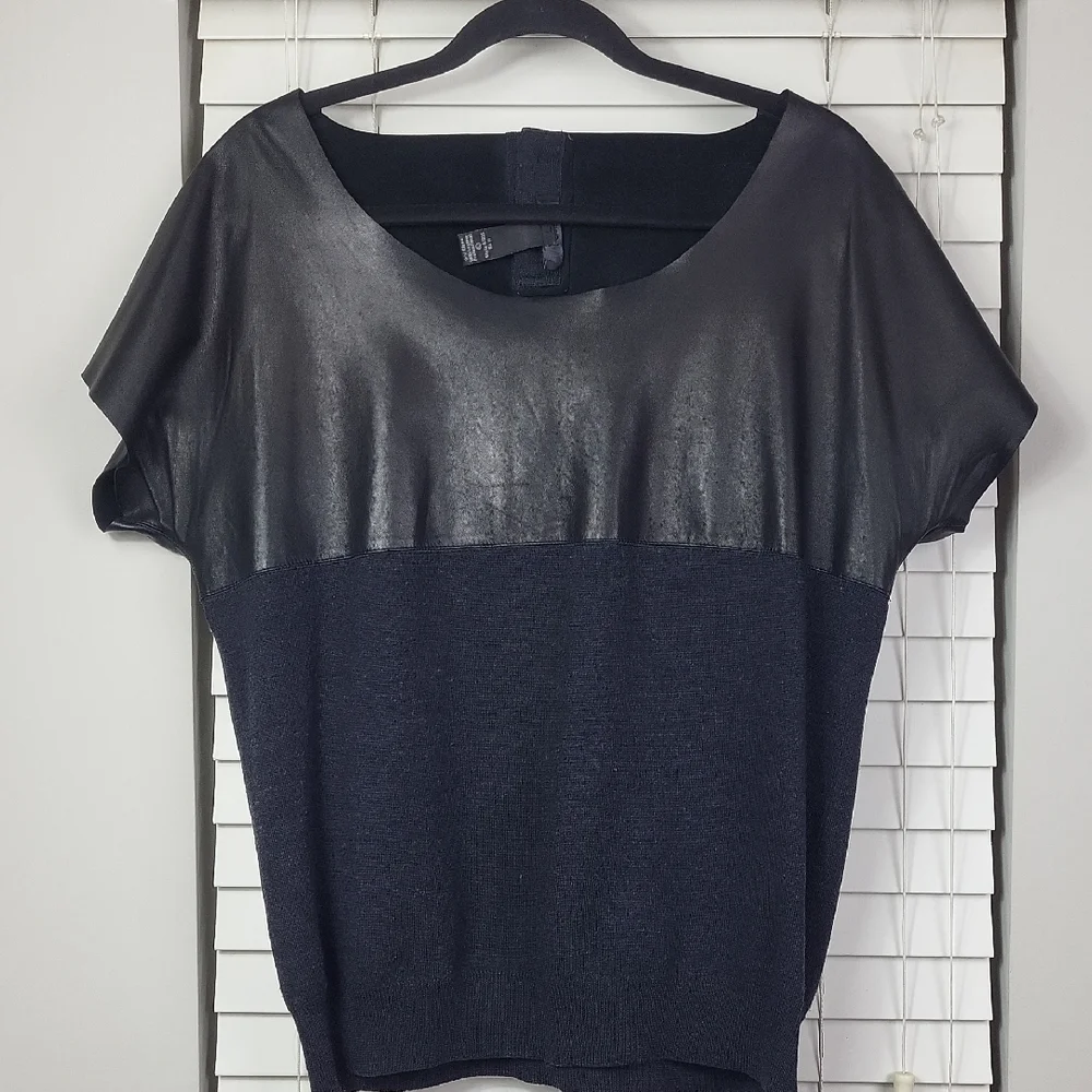 🌸 Black Leather‎ and Knit Top. Size L